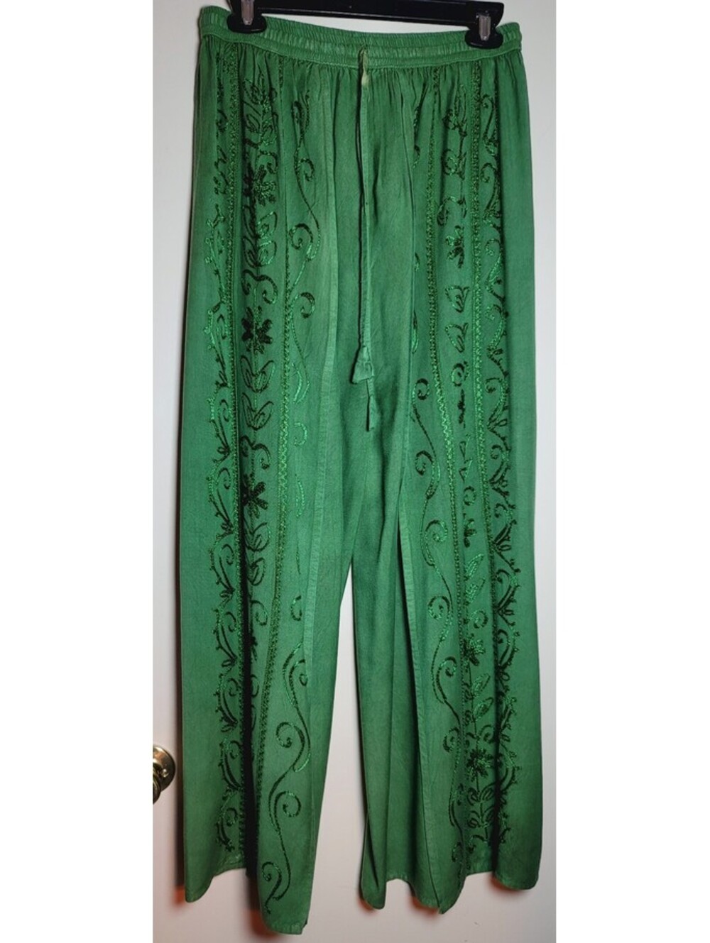 Green Wide Leg Embroidered Drawstring Boho Pants with high front leg slit